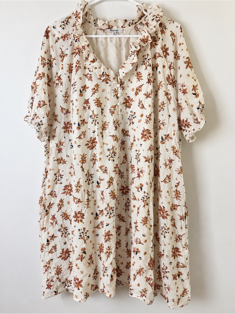 Madewell Cream Floral Ruffle-Neck Midi Dress
